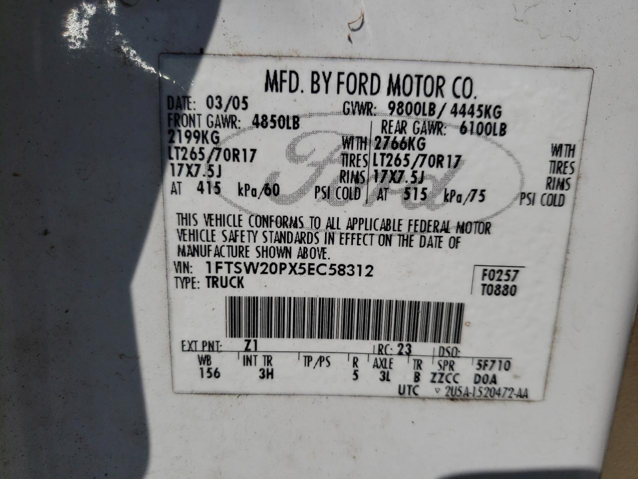 Photo 10 from auction – 2005 FORD F250 SUPER with VIN 1FTSW20PX5EC58312