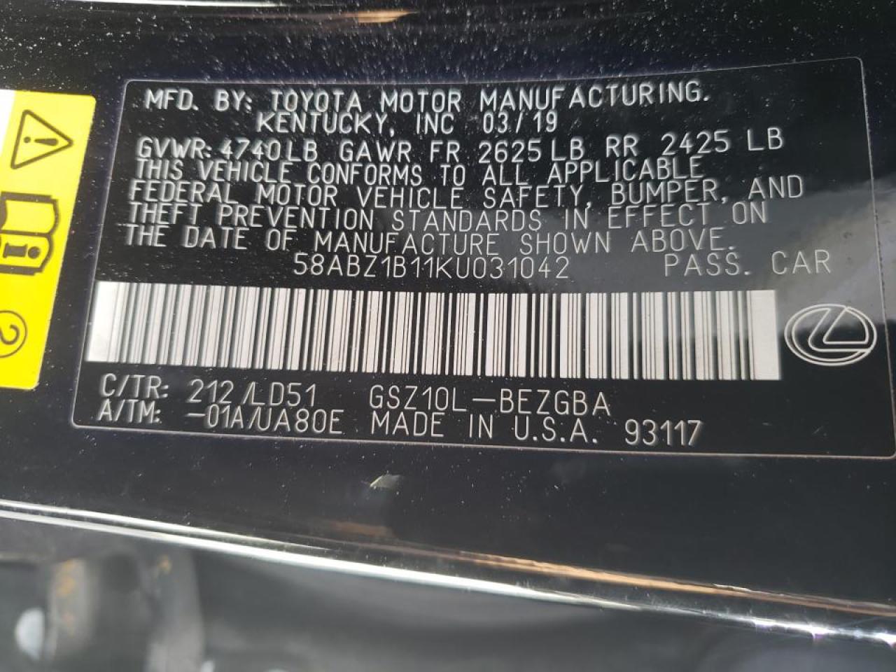 Photo 10 from auction – 2019 LEXUS ES 350 with VIN 58ABZ1B11KU031042