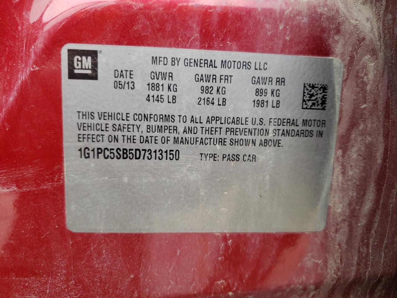 Photo 10 from auction – 2013 CHEVROLET CRUZE LT with VIN 1G1PC5SB5D7313150