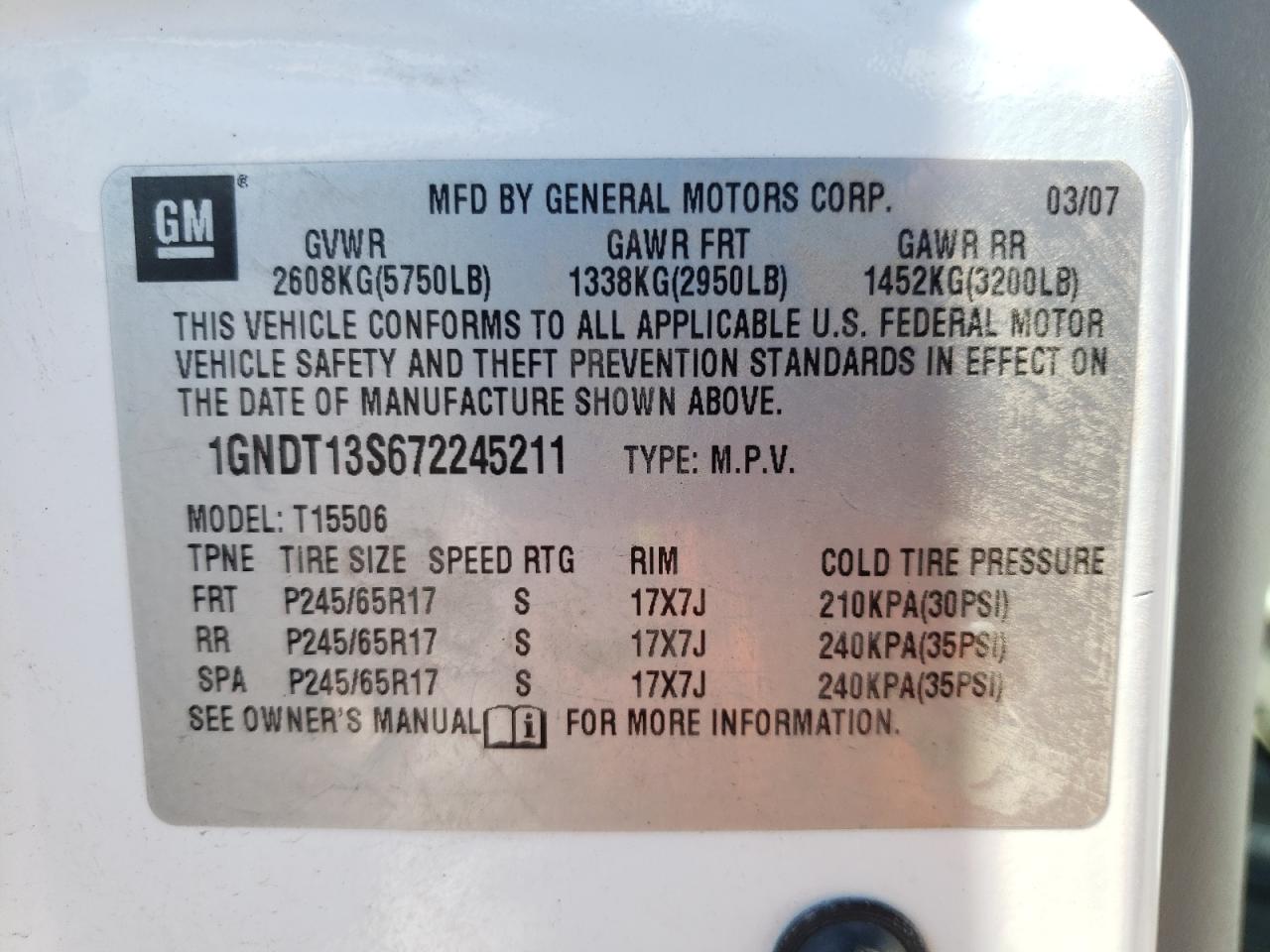 Photo 10 from auction – 2007 CHEVROLET TRAILBLAZE with VIN 1GNDT13S672245211