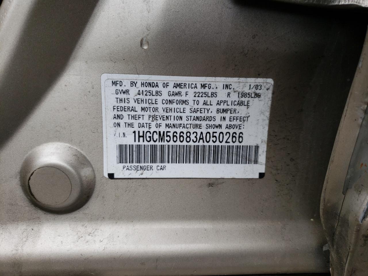 Photo 10 from auction – 2003 HONDA ACCORD with VIN 1HGCM56683A050266