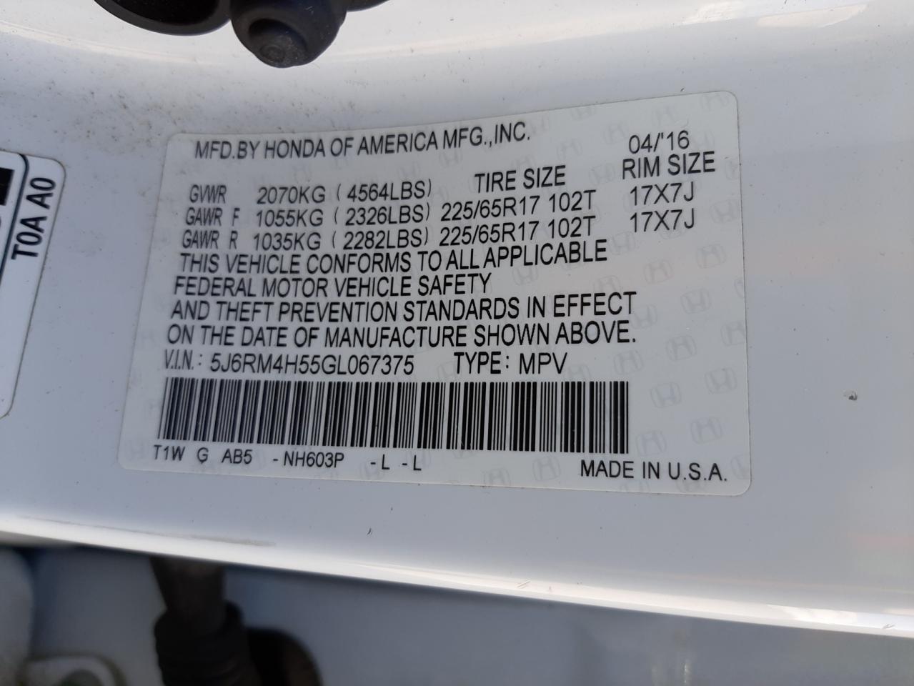 Photo 10 from auction – 2016 HONDA CR-V EX with VIN 5J6RM4H55GL067375