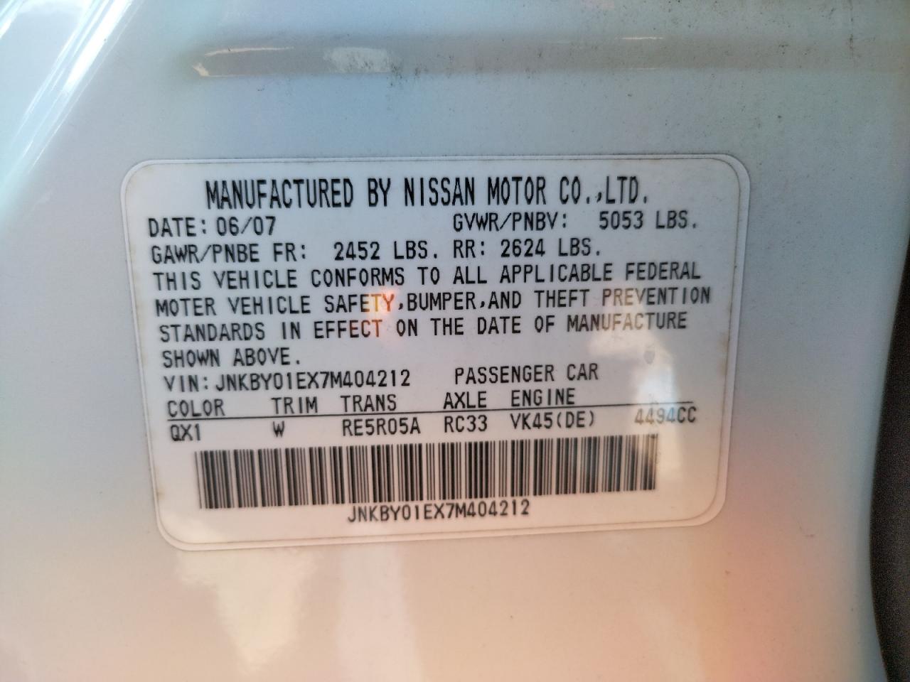 Photo 10 from auction – 2007 INFINITI M45 BASE with VIN JNKBY01EX7M404212