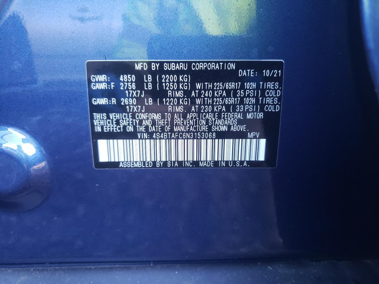 Photo 10 from auction – 2022 SUBARU OUTBACK PR with VIN 4S4BTAFC6N3153068