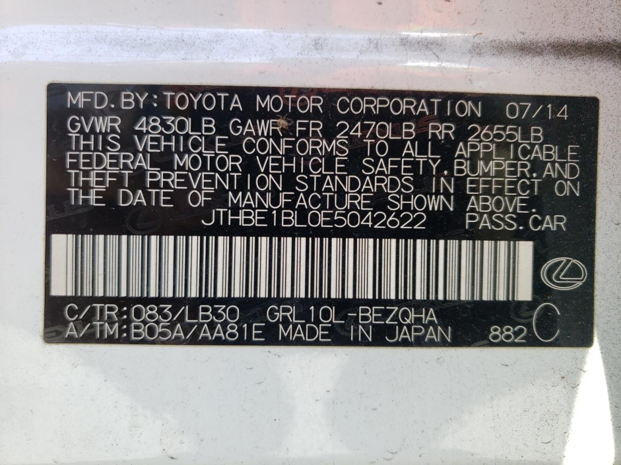 Photo 10 from auction – 2014 LEXUS GS 350 with VIN JTHBE1BL0E5042622