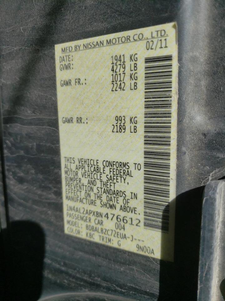 Photo 10 from auction – 2011 NISSAN ALTIMA BAS with VIN 1N4AL2APXBN476612