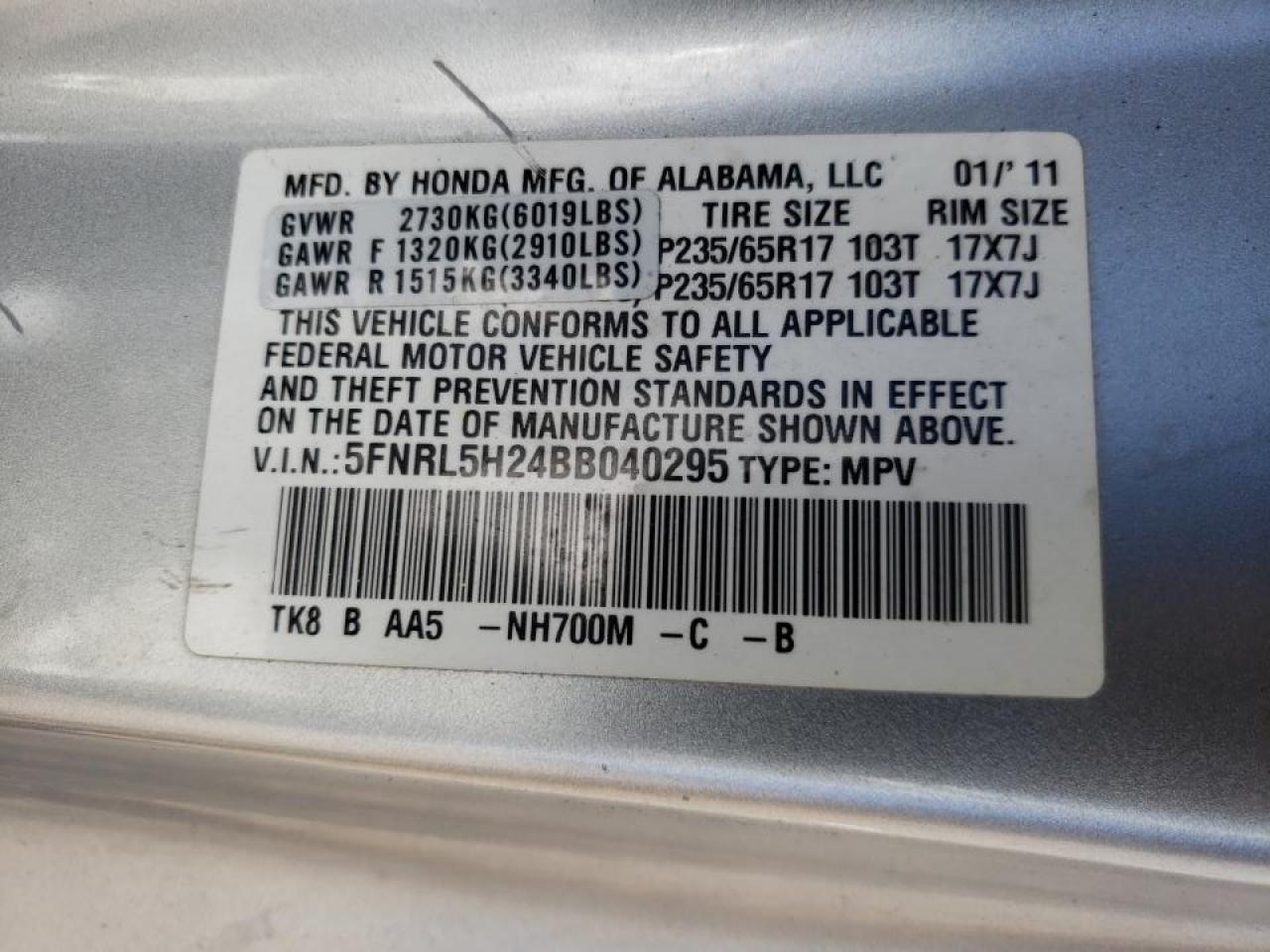 Photo 10 from auction – 2011 HONDA ODYSSEY LX with VIN 5FNRL5H24BB040295