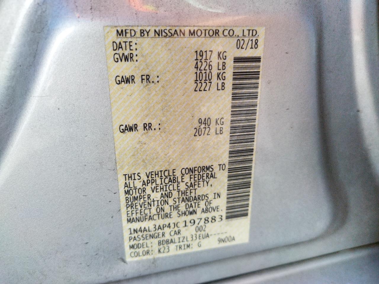 Photo 10 from auction – 2018 NISSAN ALTIMA 2.5 with VIN 1N4AL3AP4JC197883
