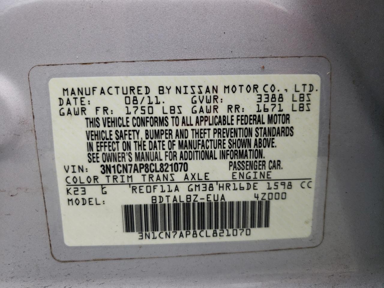 Photo 10 from auction – 2012 NISSAN VERSA S with VIN 3N1CN7AP8CL821070