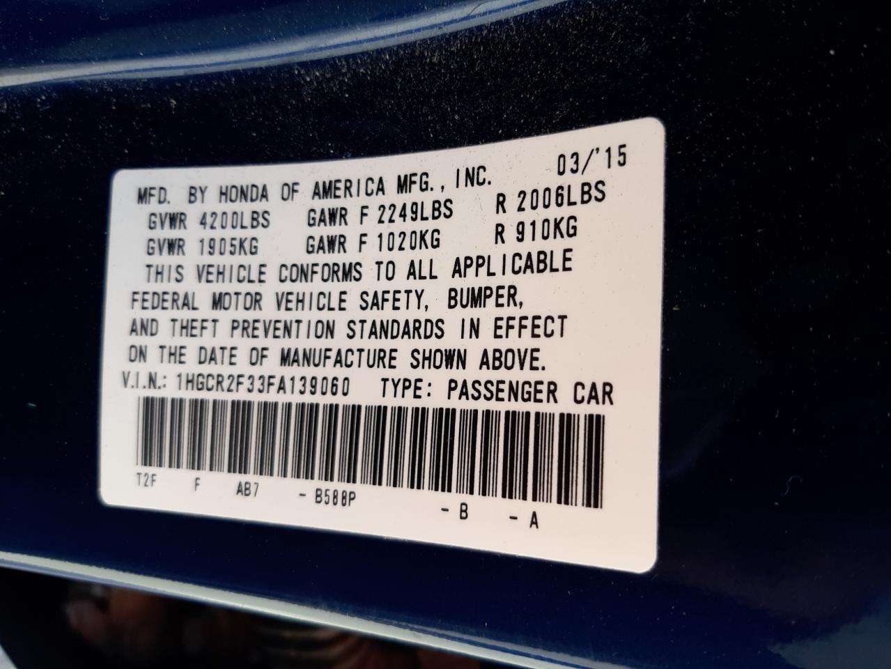 Photo 10 from auction – 2015 HONDA ACCORD LX with VIN 1HGCR2F33FA139060