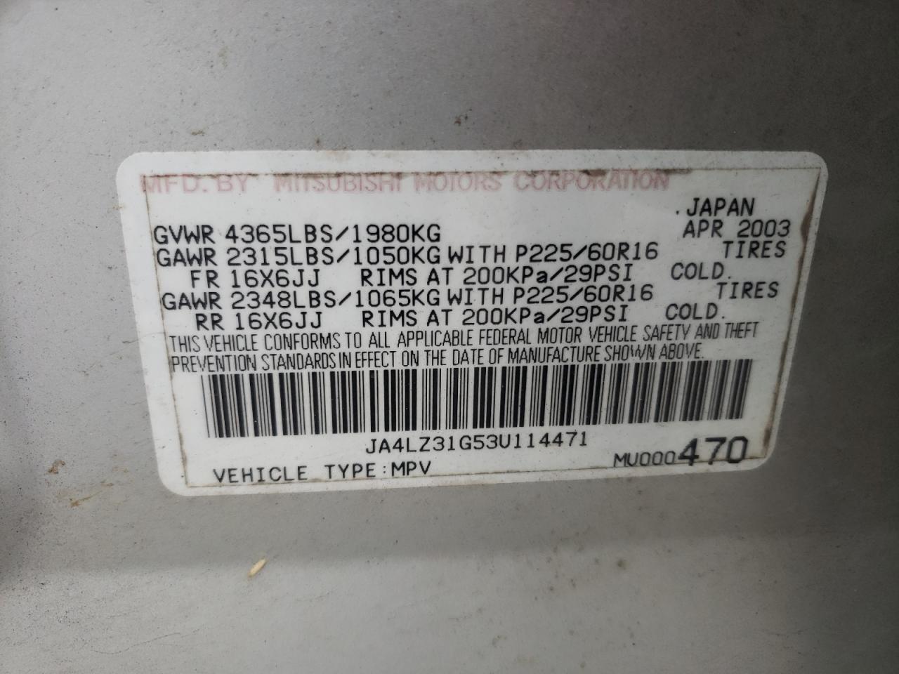 Photo 10 from auction – 2003 MITSUBISHI OUTLANDER with VIN JA4LZ31G53U114471
