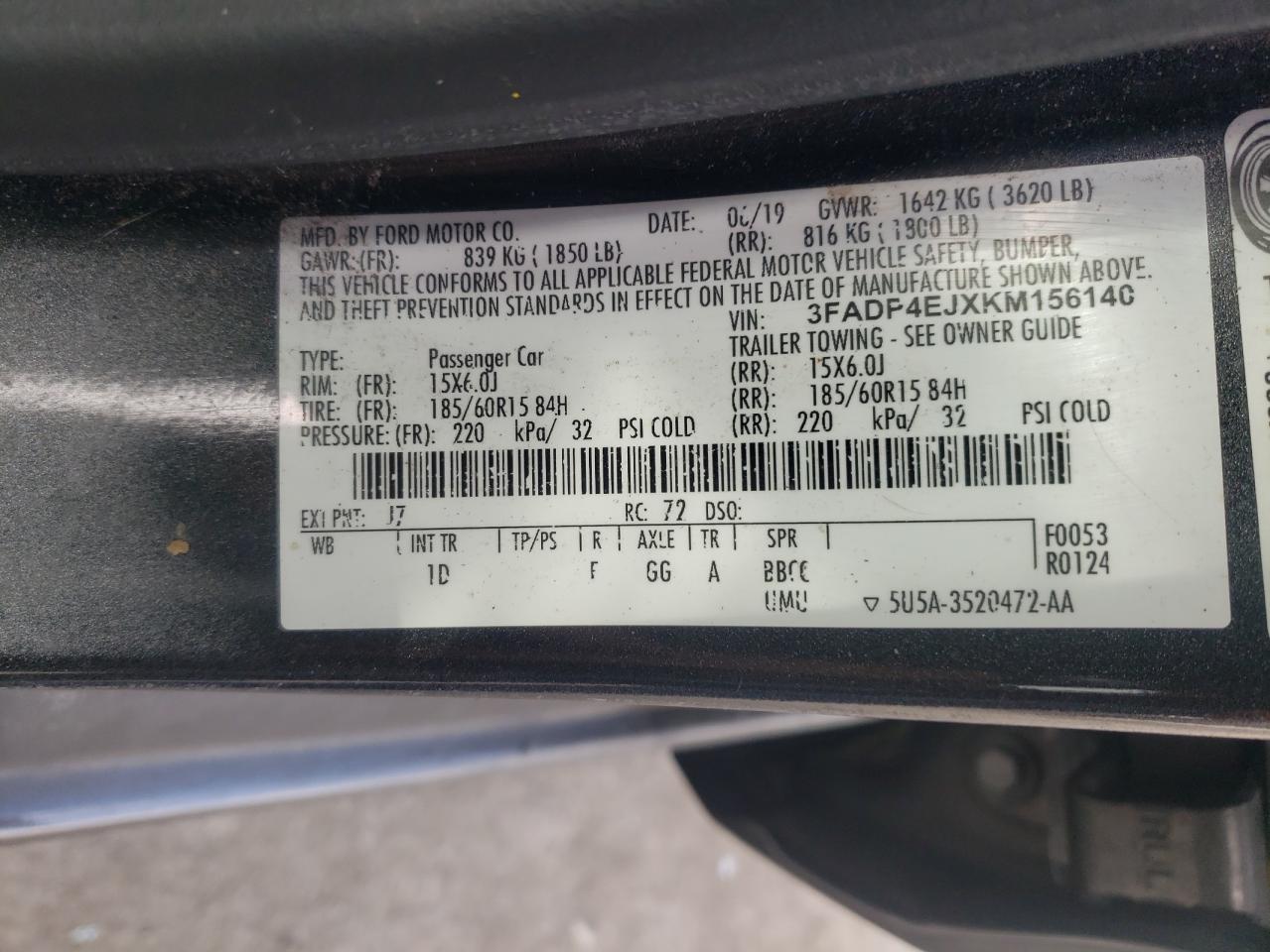 Photo 10 from auction – 2019 FORD FIESTA SE with VIN 3FADP4EJXKM156140