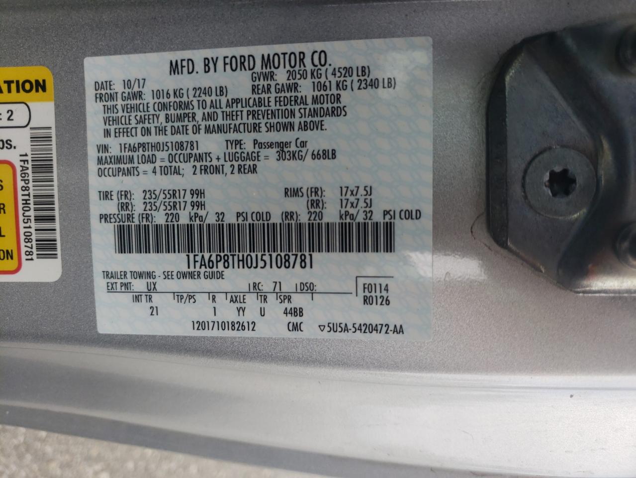 Photo 10 from auction – 2018 FORD MUSTANG with VIN 1FA6P8TH0J5108781