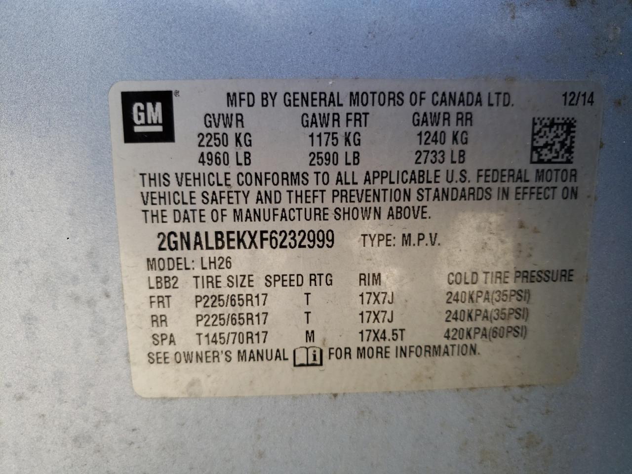 Photo 10 from auction – 2015 CHEVROLET EQUINOX LT with VIN 2GNALBEKXF6232999