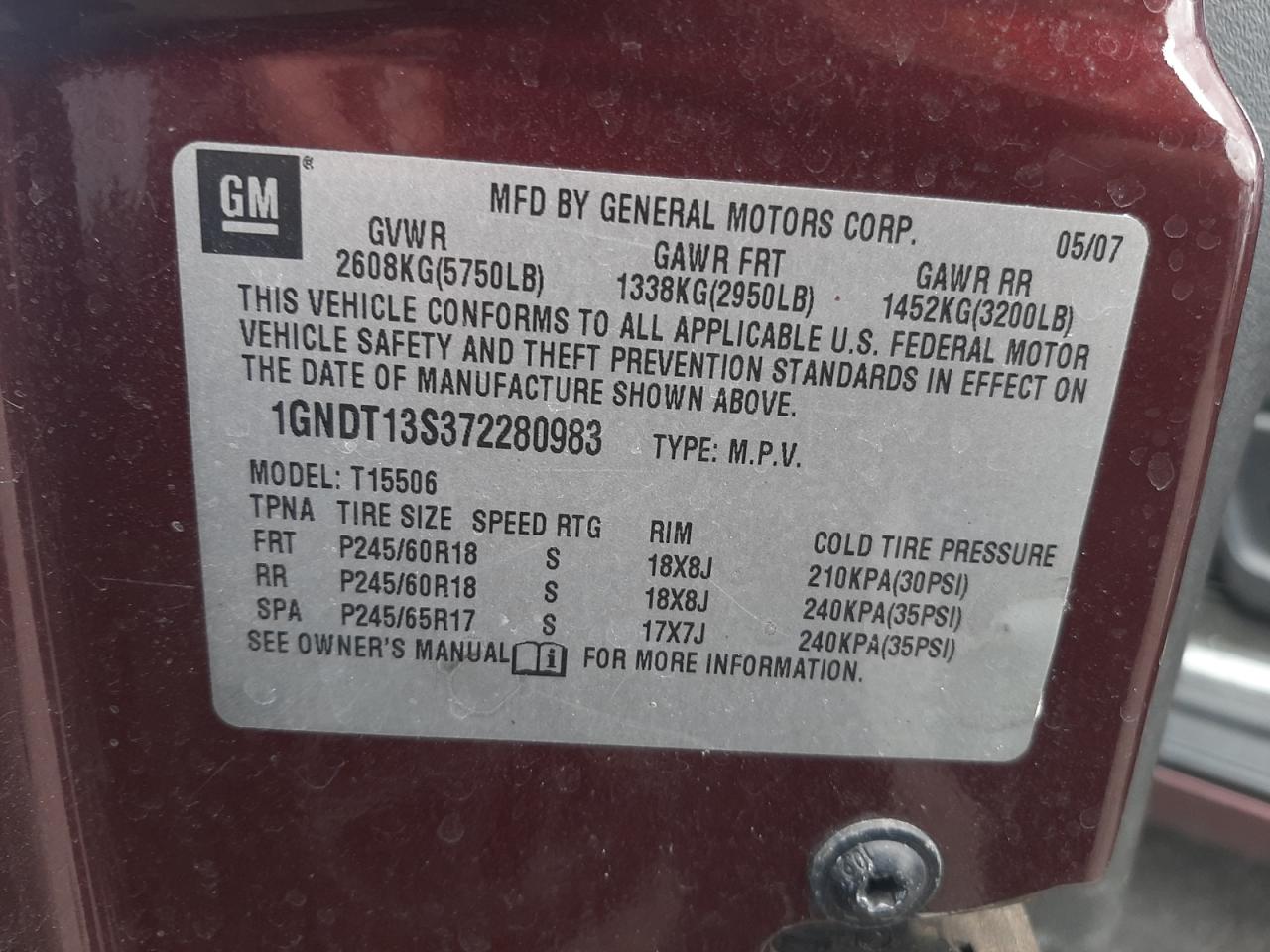 Photo 10 from auction – 2007 CHEVROLET TRAILBLAZE with VIN 1GNDT13S372280983