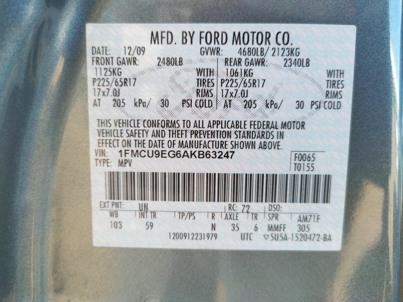 Photo 10 from auction – 2010 FORD ESCAPE LIM with VIN 1FMCU9EG6AKB63247
