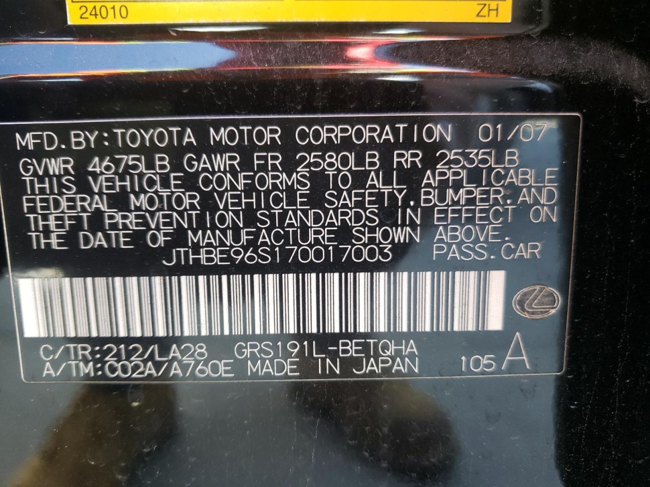 Photo 10 from auction – 2007 LEXUS GS 350 with VIN JTHBE96S170017003