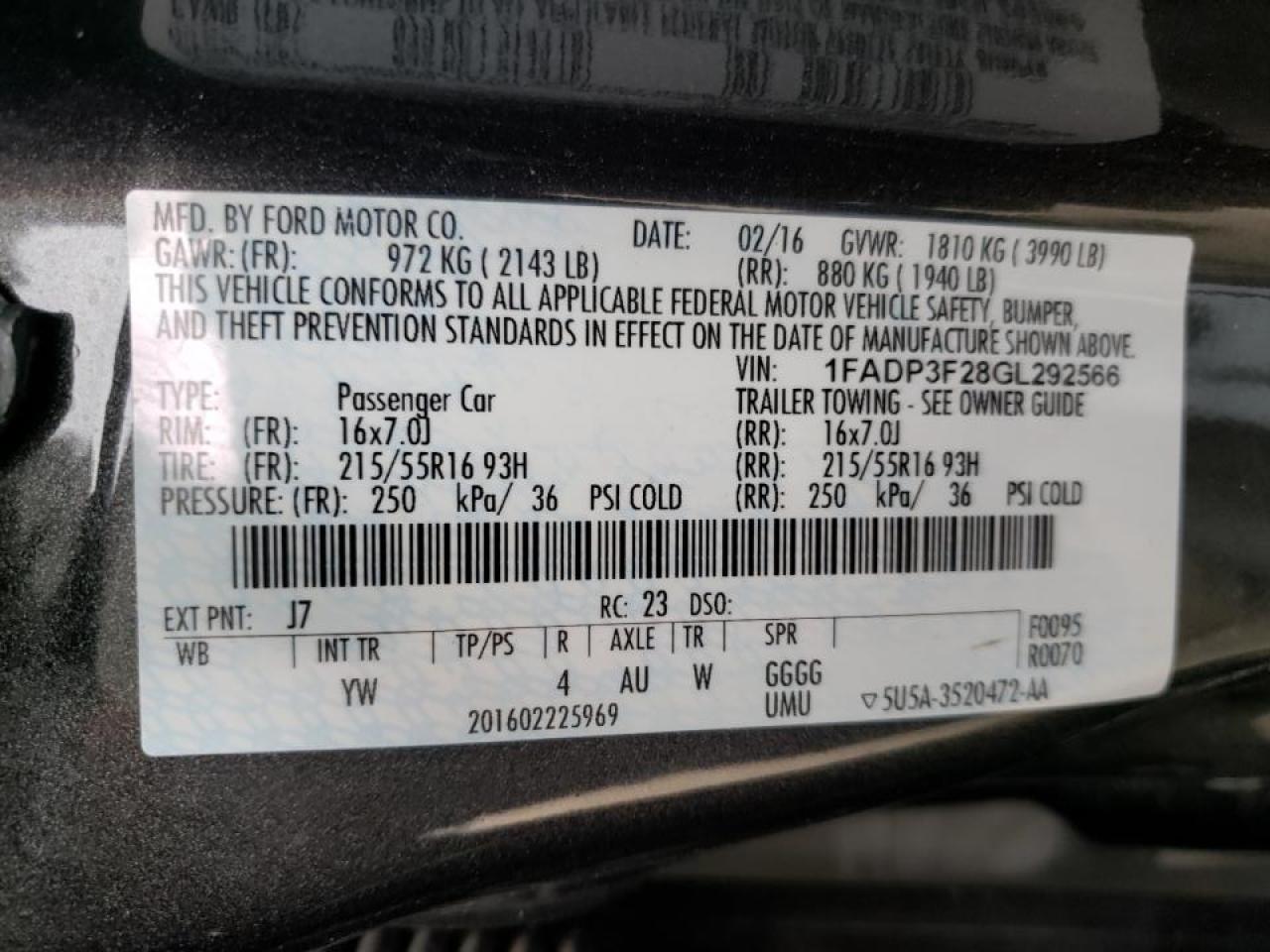 Photo 10 from auction – 2016 FORD FOCUS SE with VIN 1FADP3F28GL292566