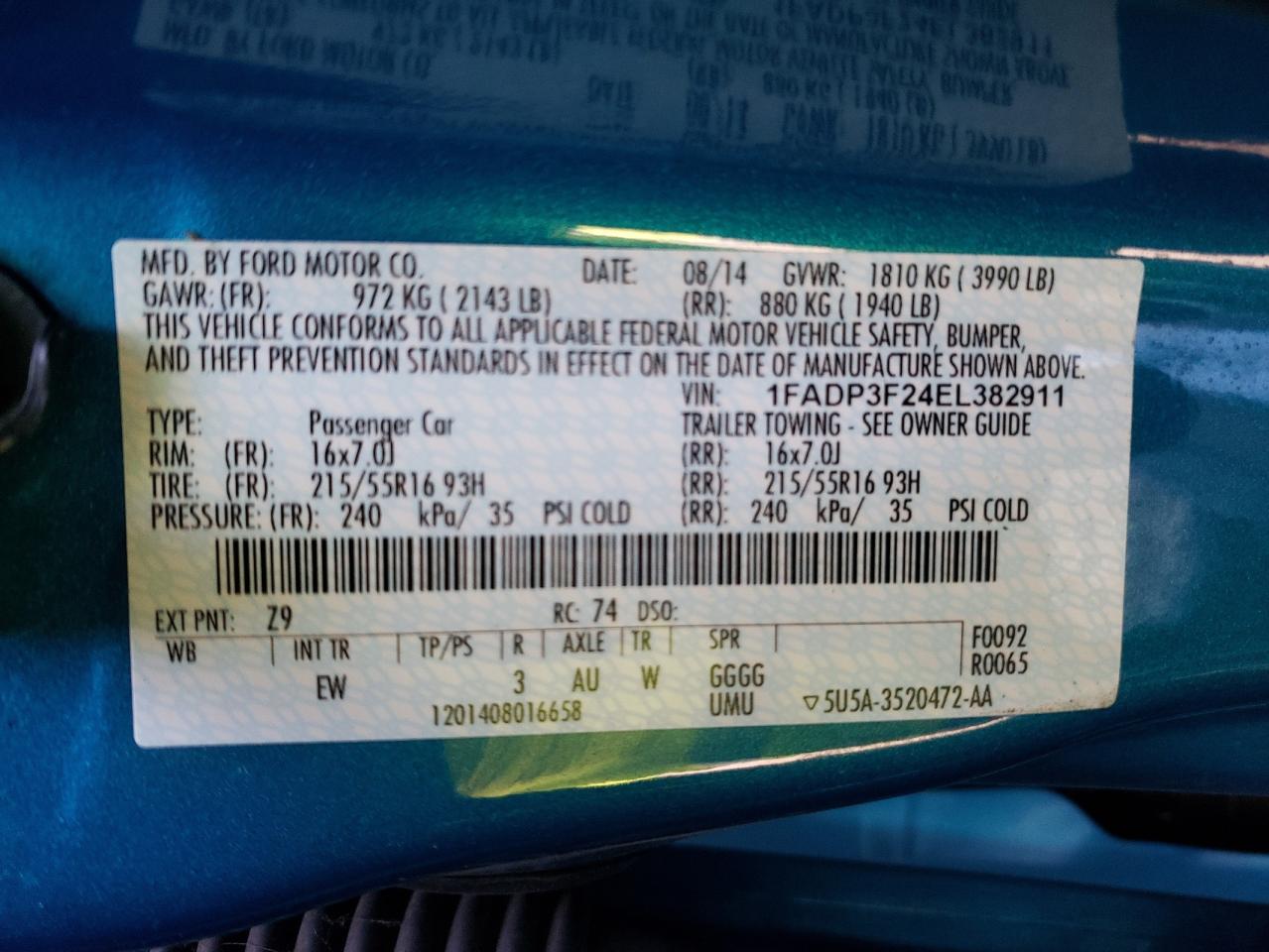 Photo 10 from auction – 2014 FORD FOCUS SE with VIN 1FADP3F24EL382911