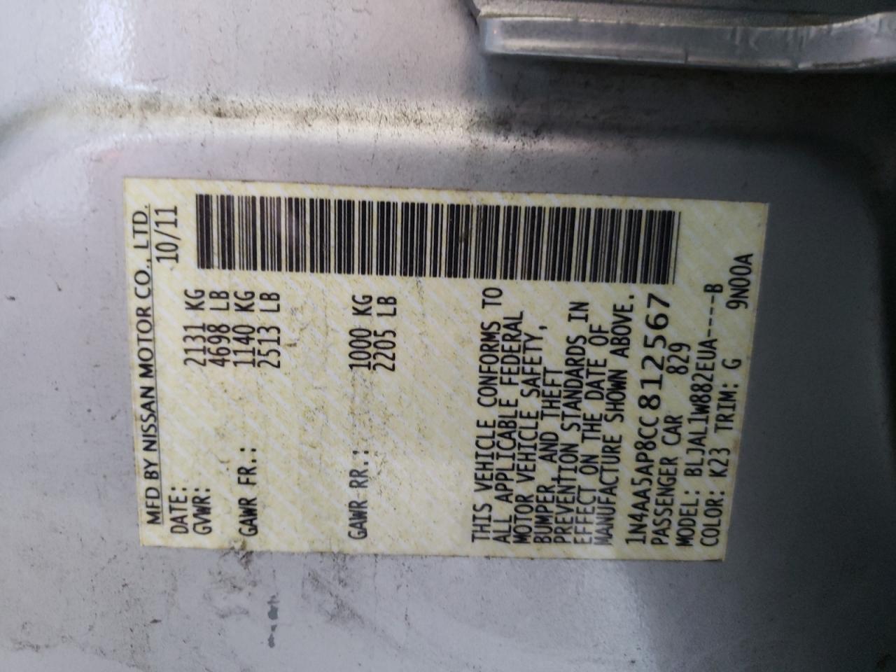 Photo 10 from auction – 2012 NISSAN MAXIMA S with VIN 1N4AA5AP8CC812567