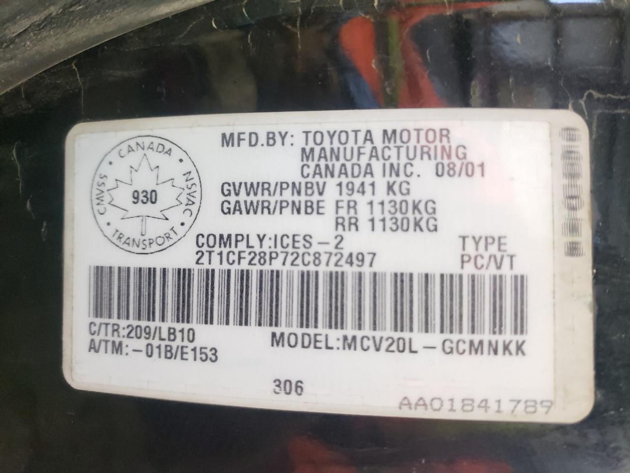 Photo 10 from auction – 2002 TOYOTA CAMRY SOLA with VIN 2T1CF28P72C872497