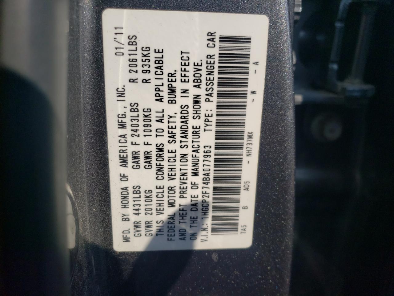 Photo 10 from auction – 2011 HONDA ACCORD EX with VIN 1HGCP2F74BA077963