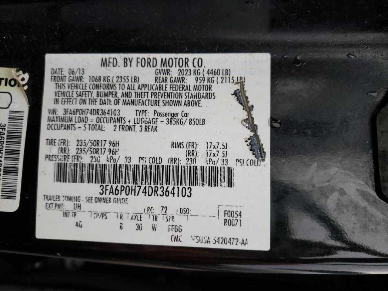 Photo 10 from auction – 2013 FORD FUSION SE with VIN 3FA6P0H74DR364103