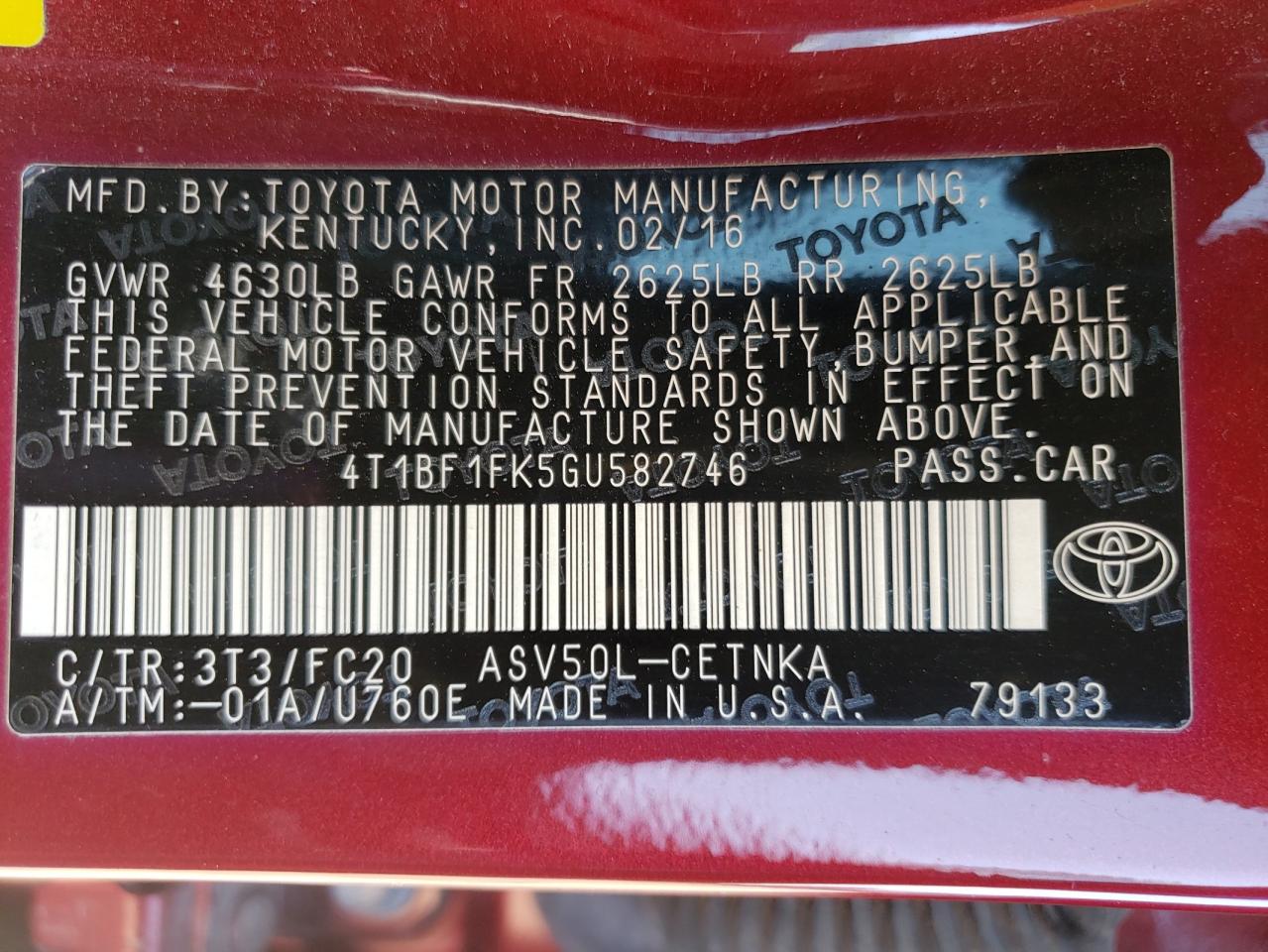 Photo 10 from auction – 2016 TOYOTA CAMRY LE with VIN 4T1BF1FK5GU582746
