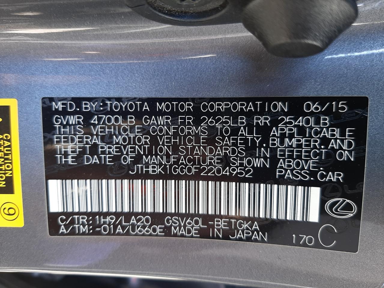 Photo 10 from auction – 2015 LEXUS ES 350 with VIN JTHBK1GG0F2204952