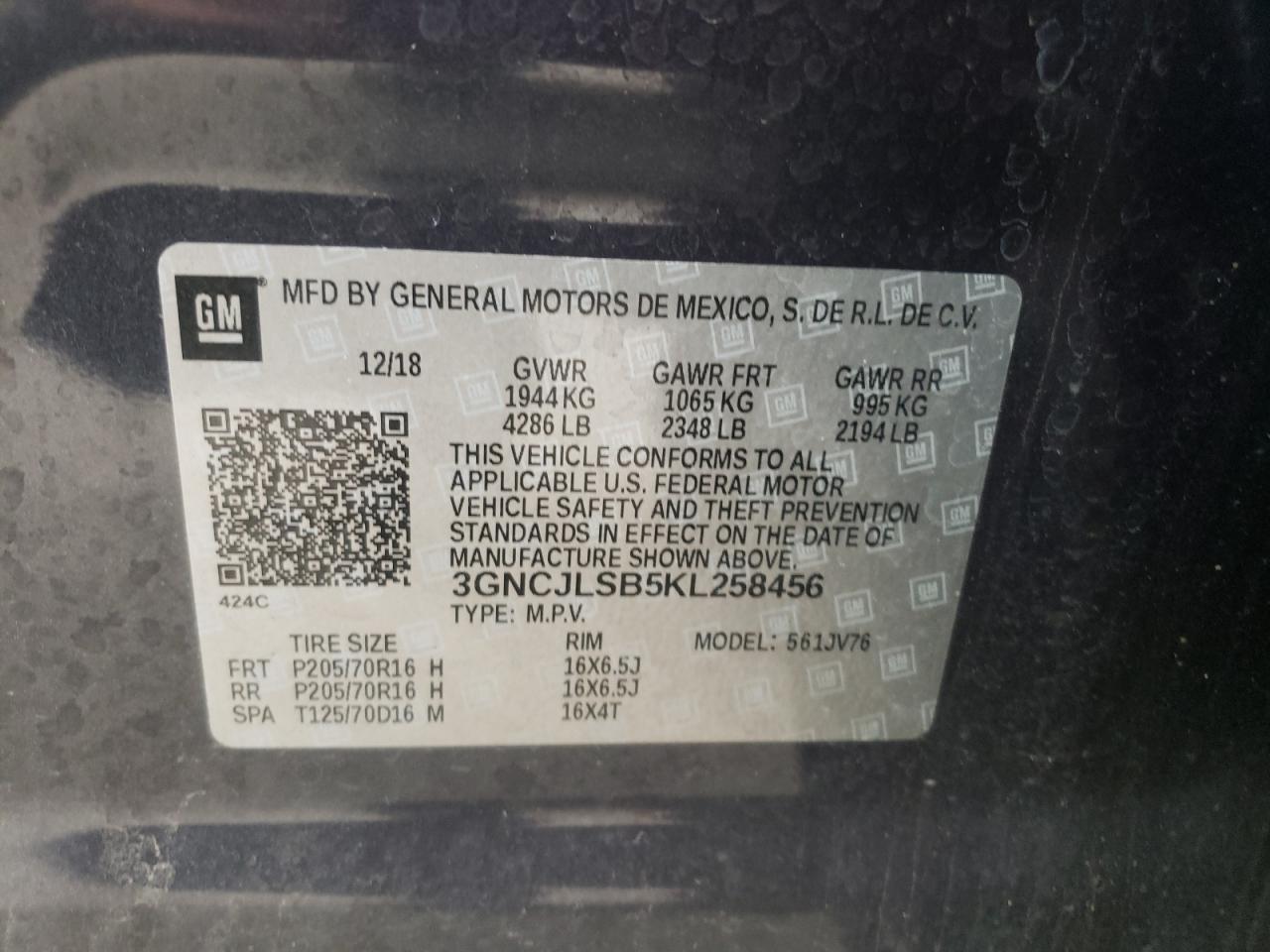 Photo 10 from auction – 2019 CHEVROLET TRAX 1LT with VIN 3GNCJLSB5KL258456