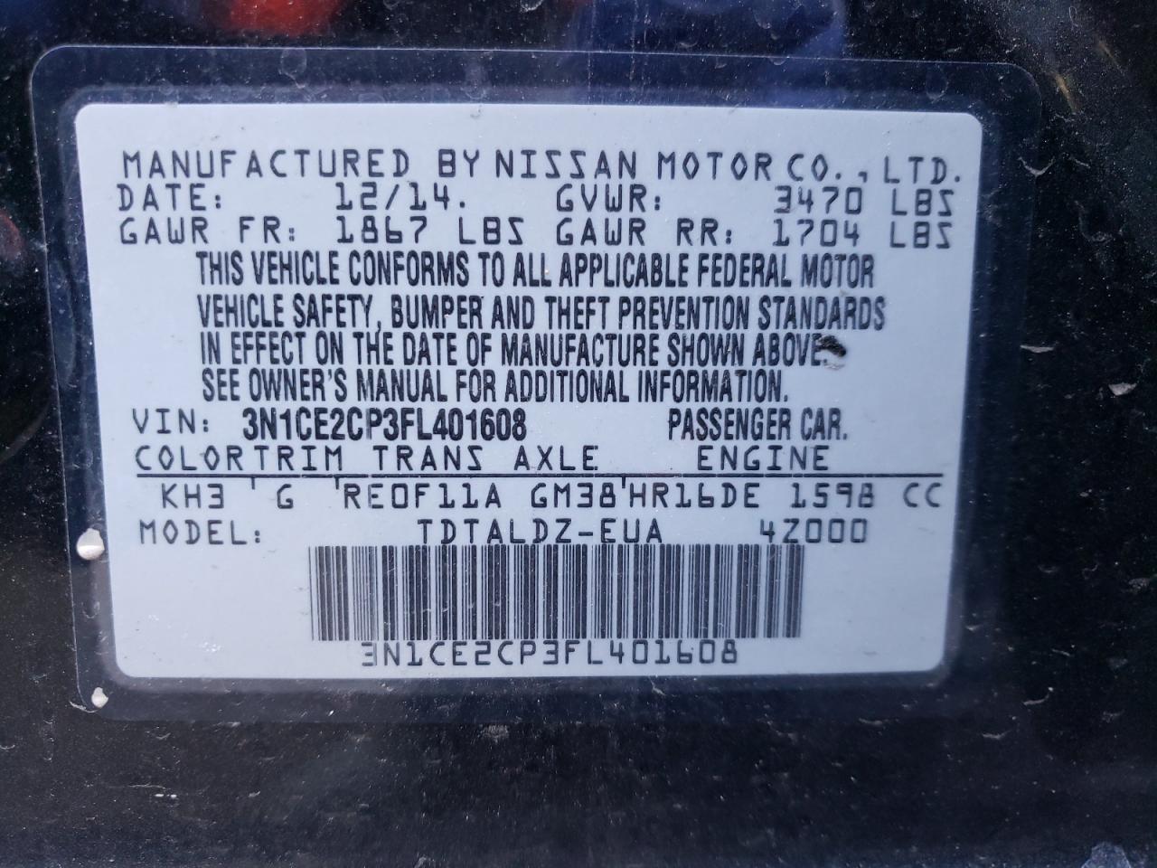Photo 10 from auction – 2015 NISSAN VERSA NOTE with VIN 3N1CE2CP3FL401608