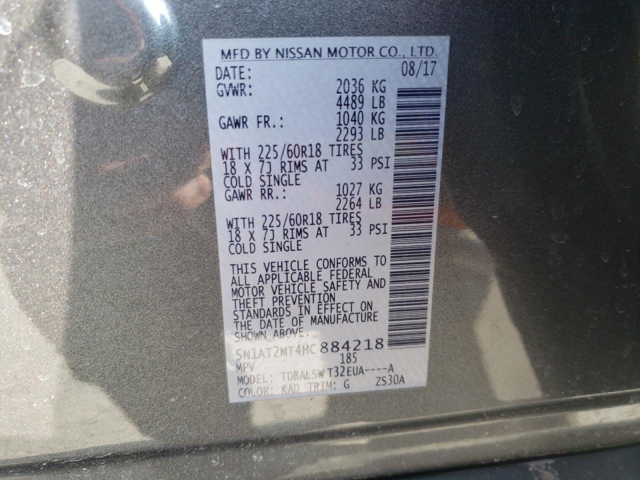 Photo 10 from auction – 2017 NISSAN ROGUE S with VIN 5N1AT2MT4HC884218