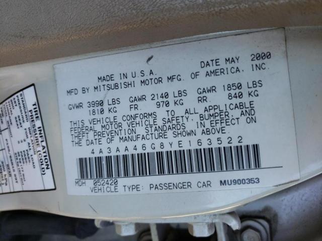 Photo 10 from auction – 2000 MITSUBISHI GALANT ES with VIN 4A3AA46G8YE163522