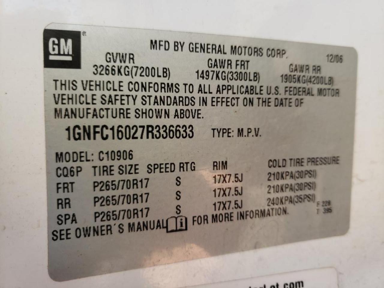 Photo 10 from auction – 2007 CHEVROLET SUBURBAN C with VIN 1GNFC16027R336633
