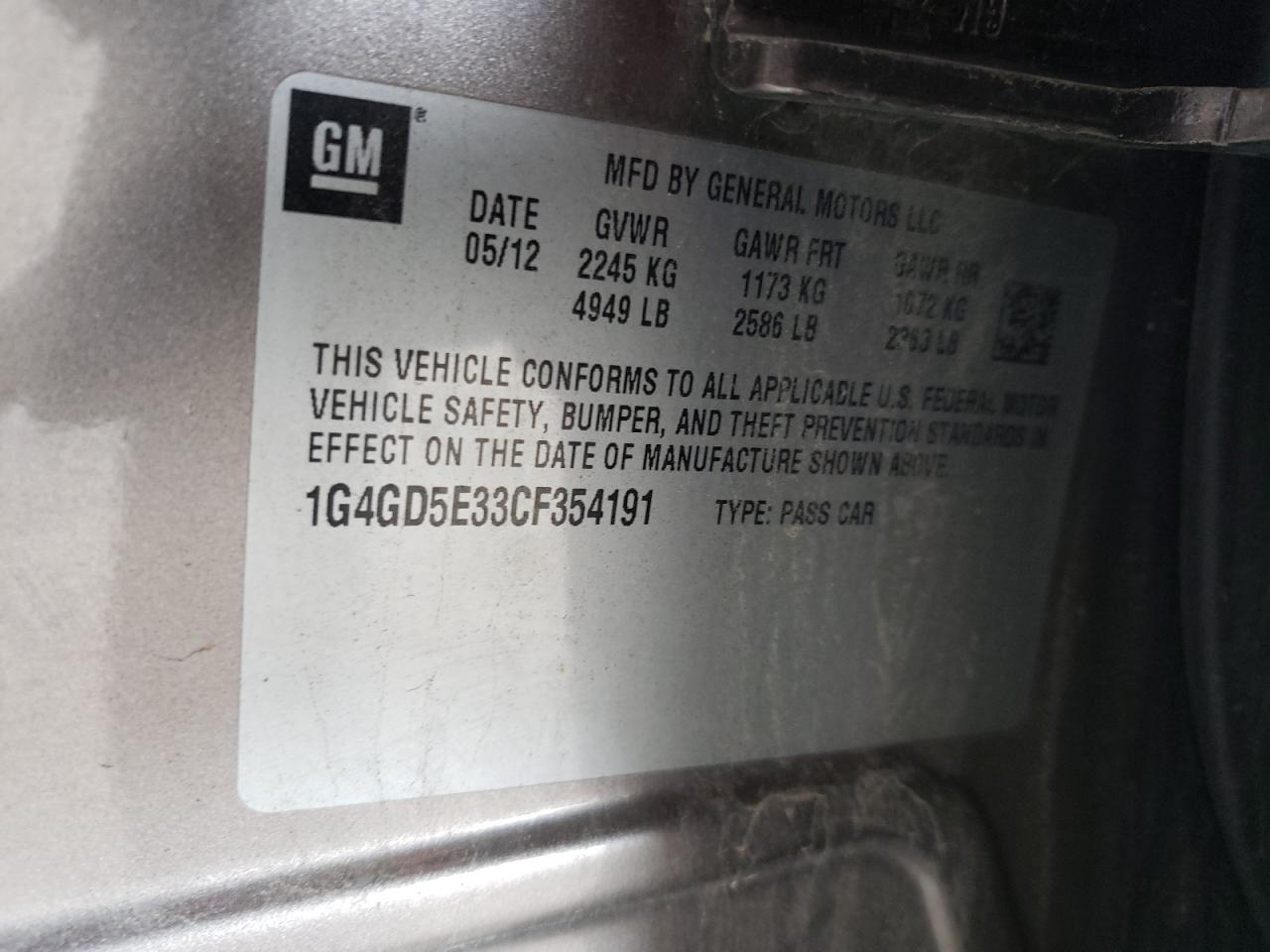 Фото 10 с аукциона – 2012 BUICK LACROSSE P с VIN 1G4GD5E33CF354191