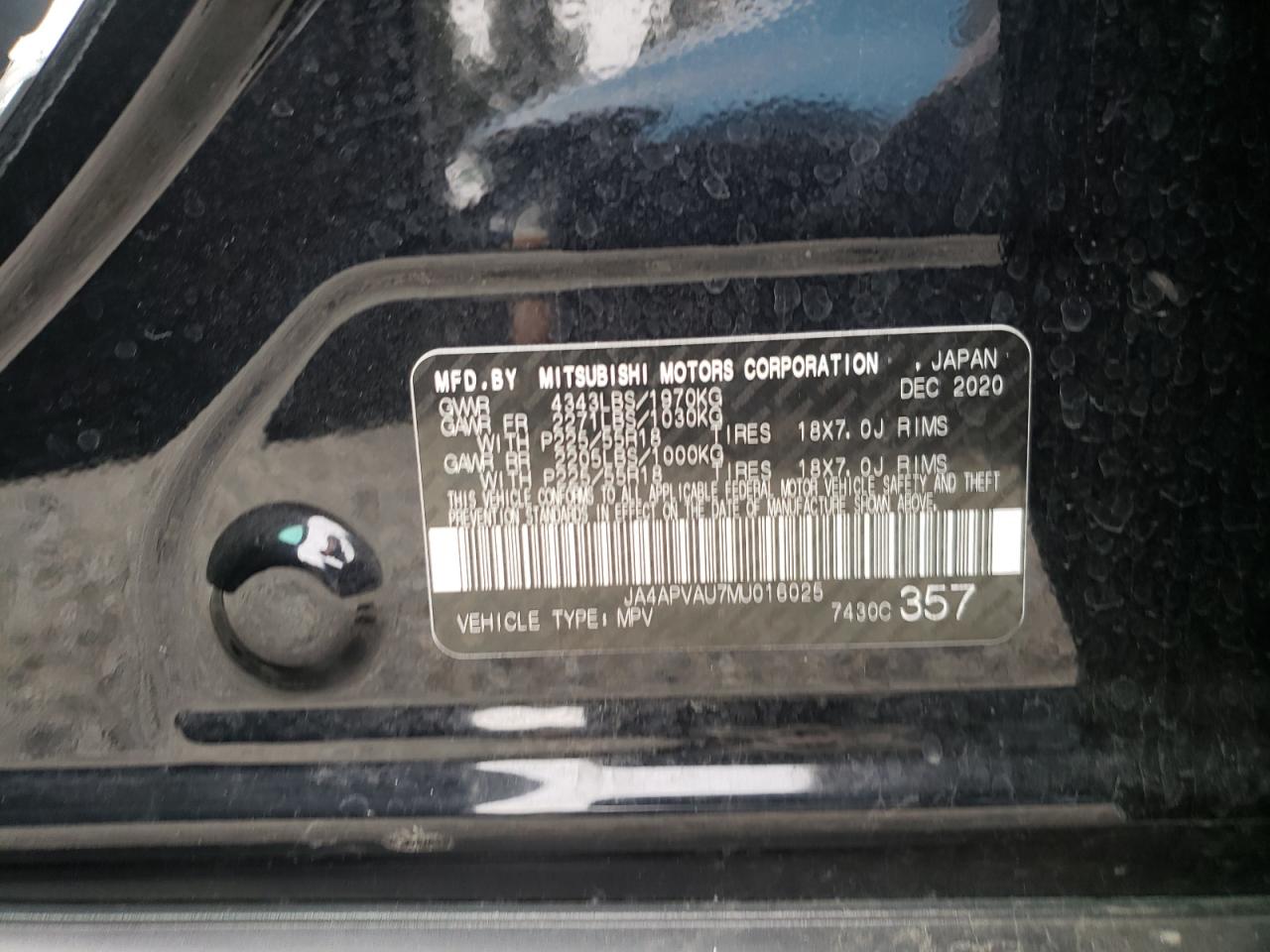 Photo 10 from auction – 2021 MITSUBISHI OUTLANDER with VIN JA4APVAU7MU016025