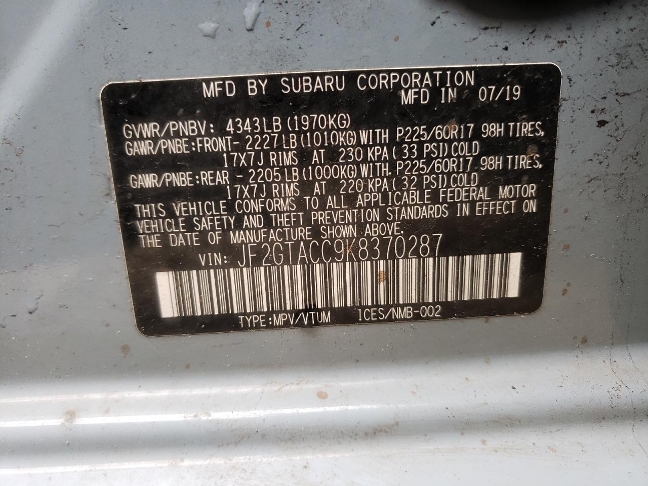 Photo 10 from auction – 2019 SUBARU CROSSTREK with VIN JF2GTACC9K8370287