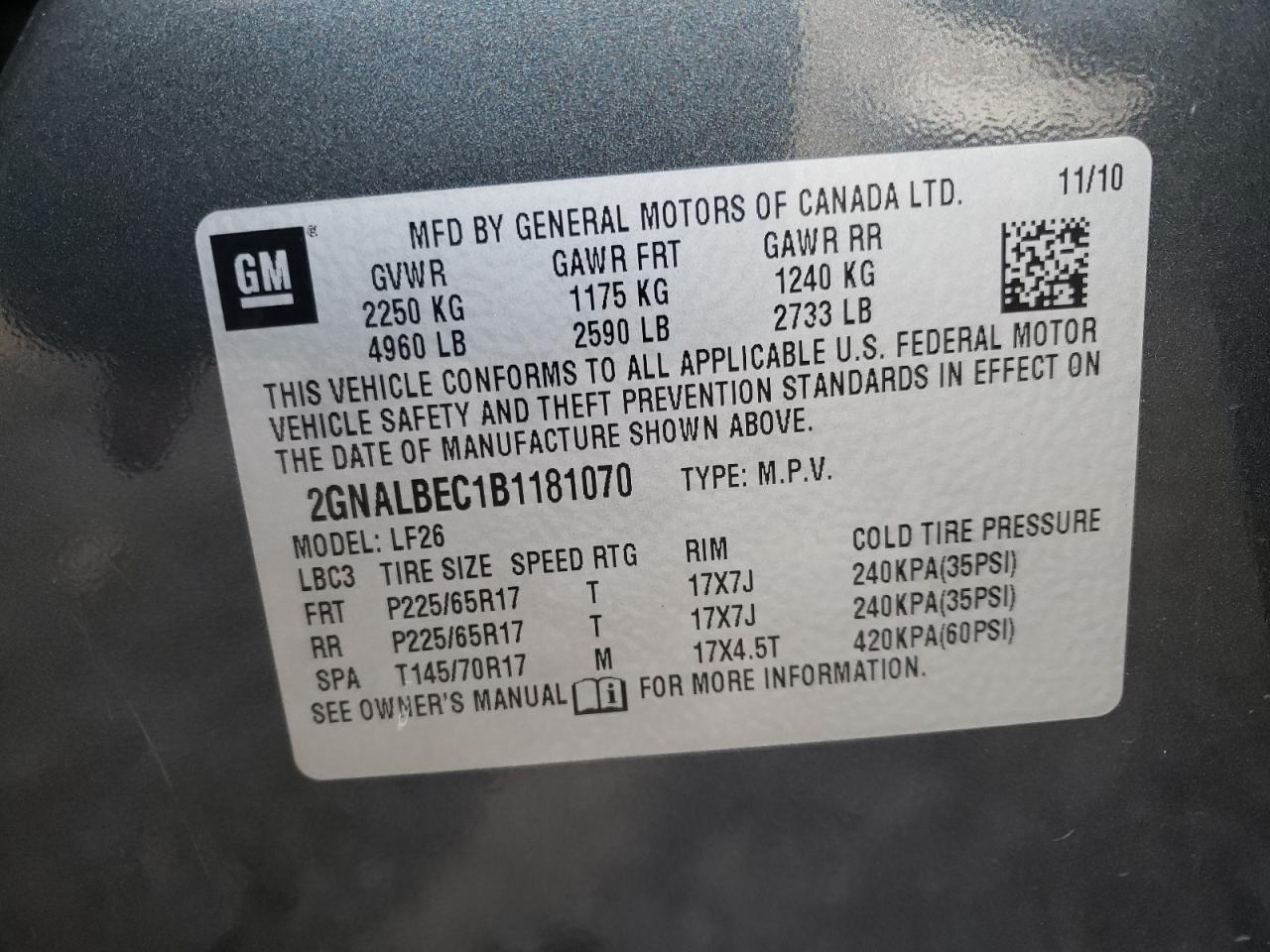Photo 10 from auction – 2011 CHEVROLET EQUINOX LS with VIN 2GNALBEC1B1181070