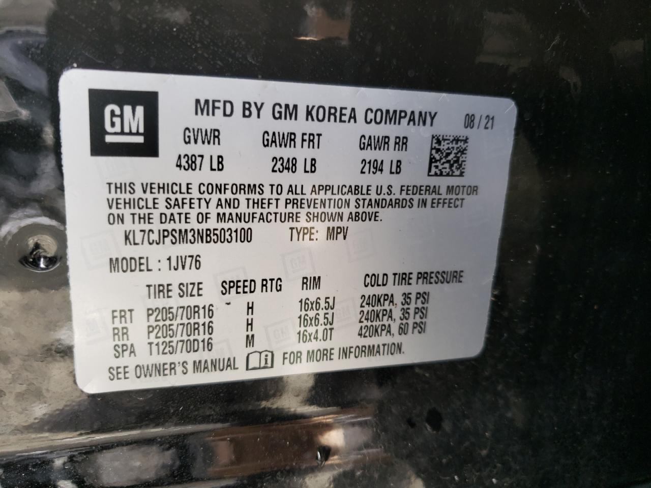 Photo 10 from auction – 2022 CHEVROLET TRAX 1LT with VIN KL7CJPSM3NB503100