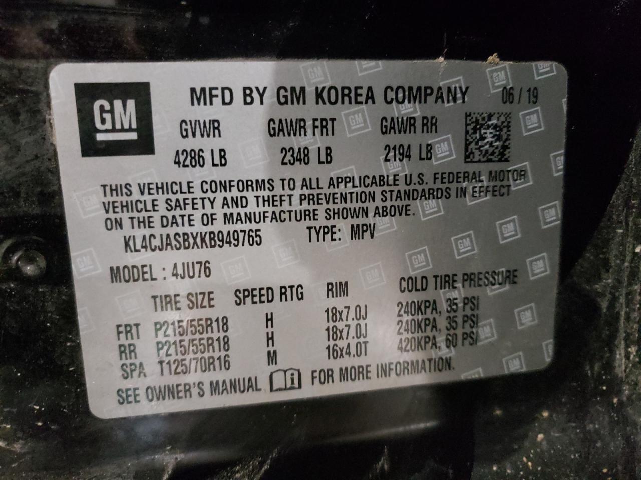 Photo 10 from auction – 2019 BUICK ENCORE PRE with VIN KL4CJASBXKB949765