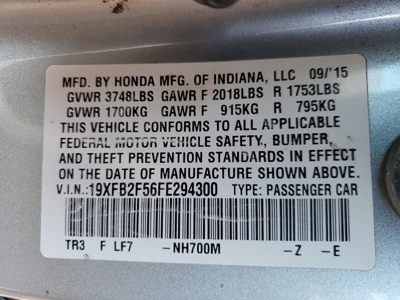 Photo 10 from auction – 2015 HONDA CIVIC LX with VIN 19XFB2F56FE294300