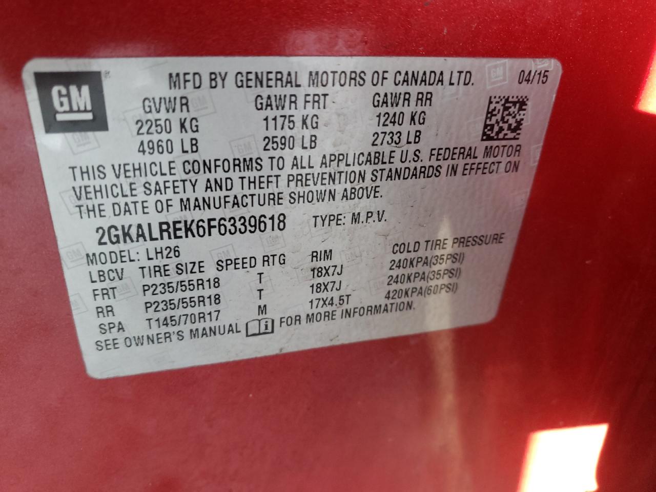 Photo 10 from auction – 2015 GMC TERRAIN SL with VIN 2GKALREK6F6339618