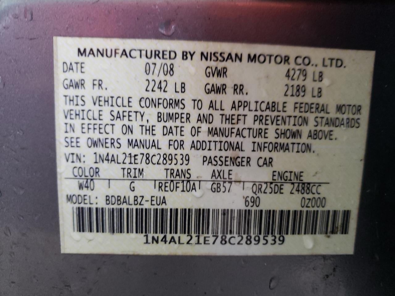 Photo 10 from auction – 2008 NISSAN ALTIMA 2.5 with VIN 1N4AL21E78C289539