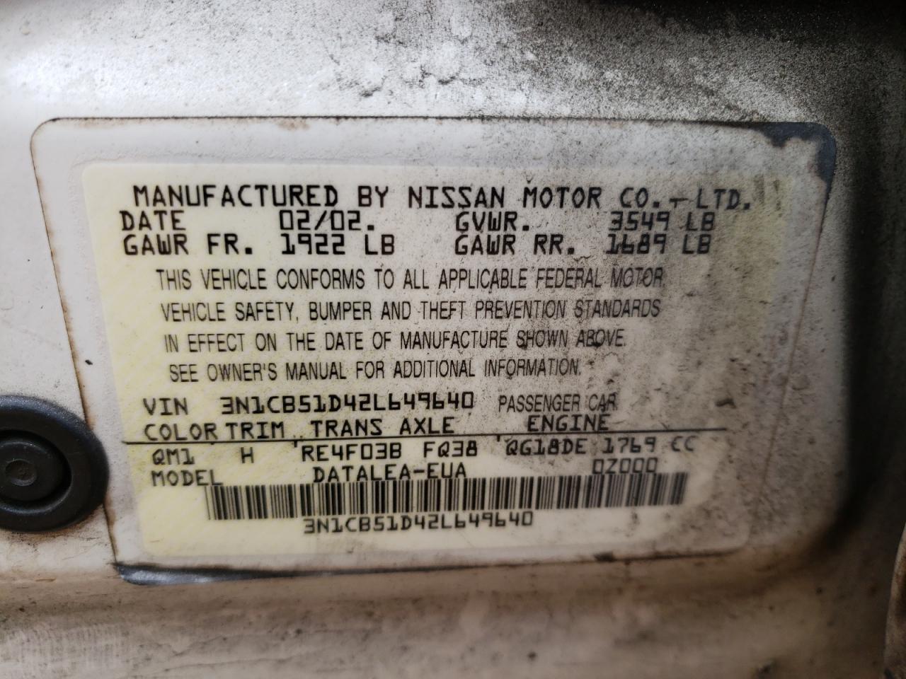 Photo 10 from auction – 2002 NISSAN SENTRA XE with VIN 3N1CB51D42L649640