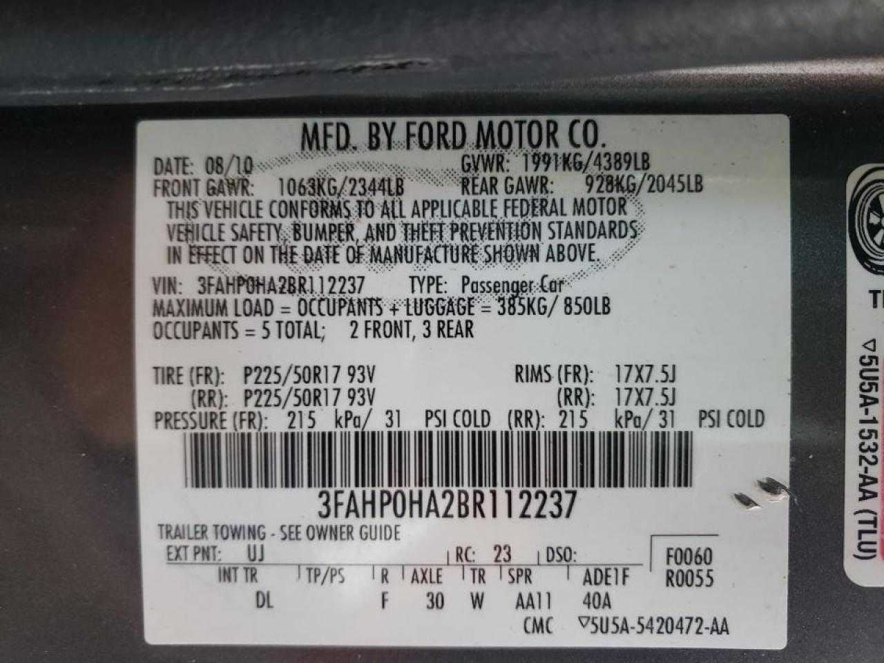 Photo 10 from auction – 2011 FORD FUSION SE with VIN 3FAHP0HA2BR112237