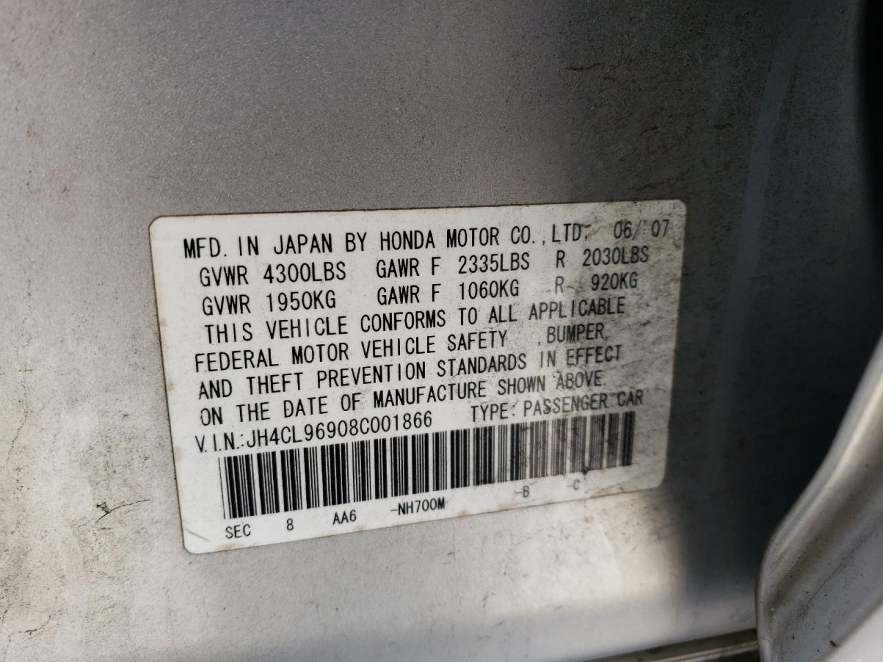 Photo 10 from auction – 2008 ACURA TSX with VIN JH4CL96908C001866