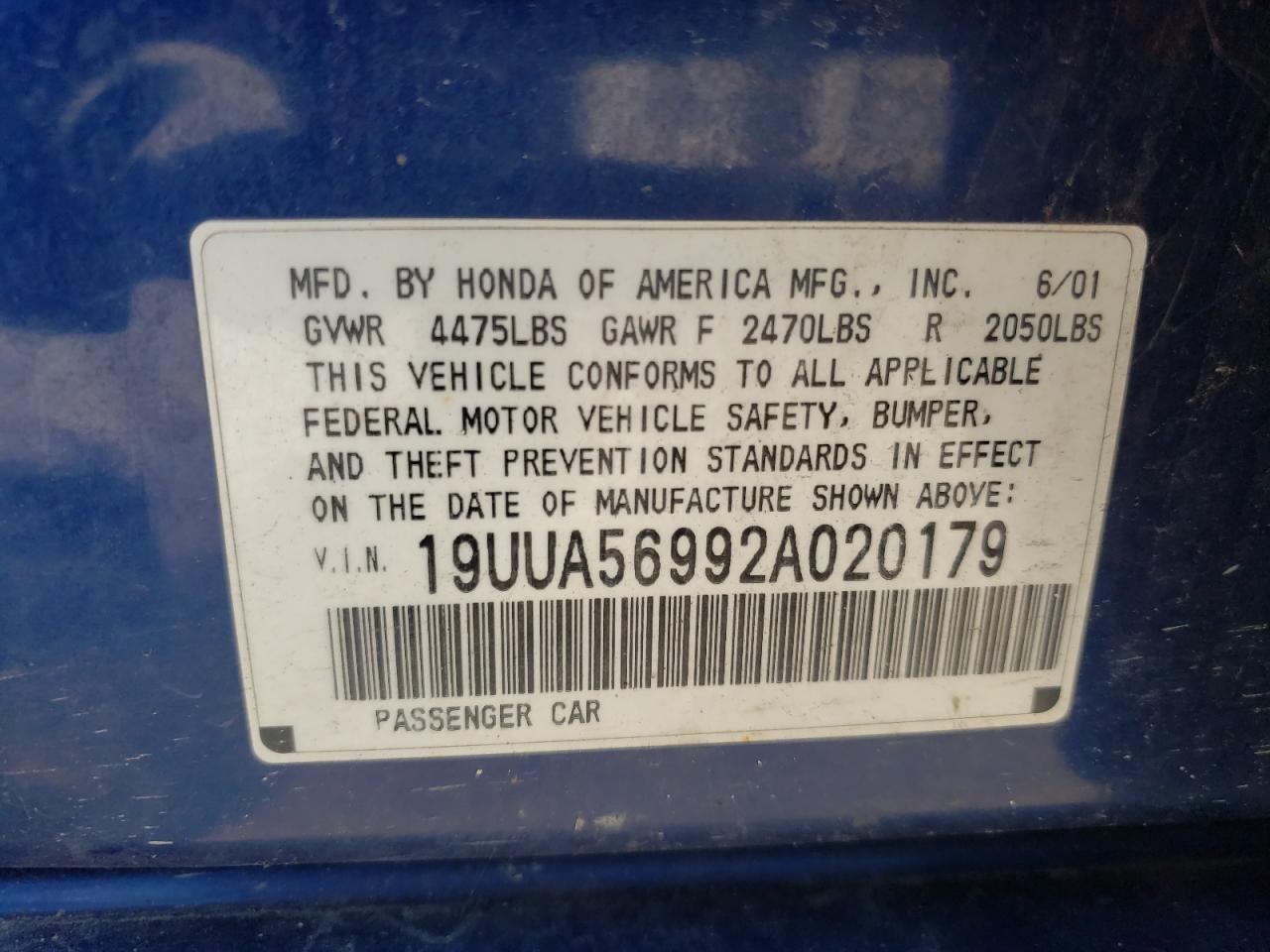 Photo 10 from auction – 2002 ACURA 3.2TL TYPE with VIN 19UUA56992A020179