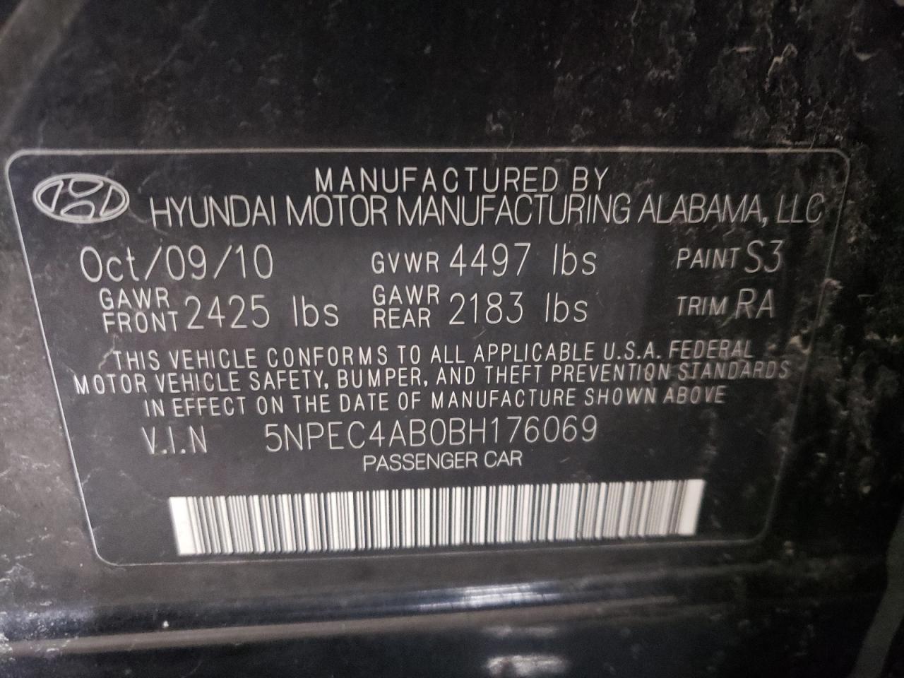 Photo 10 from auction – 2011 HYUNDAI SONATA SE with VIN 5NPEC4AB0BH176069