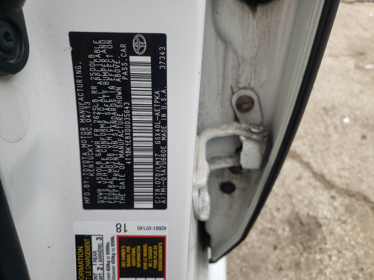 Photo 10 from auction – 2013 TOYOTA AVALON BAS with VIN 4T1BK1EBXDU035643