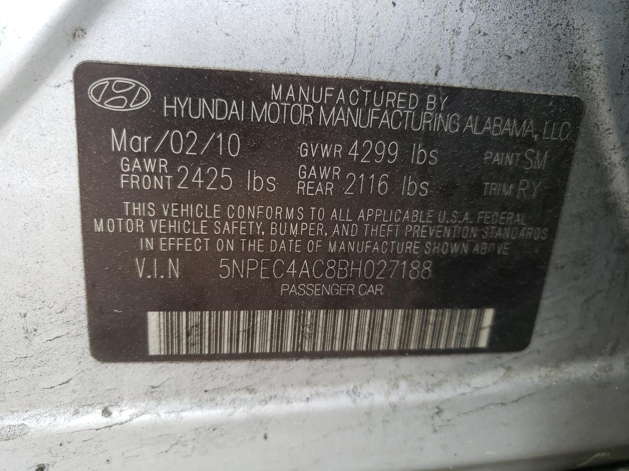 Photo 10 from auction – 2011 HYUNDAI SONATA SE with VIN 5NPEC4AC8BH027188